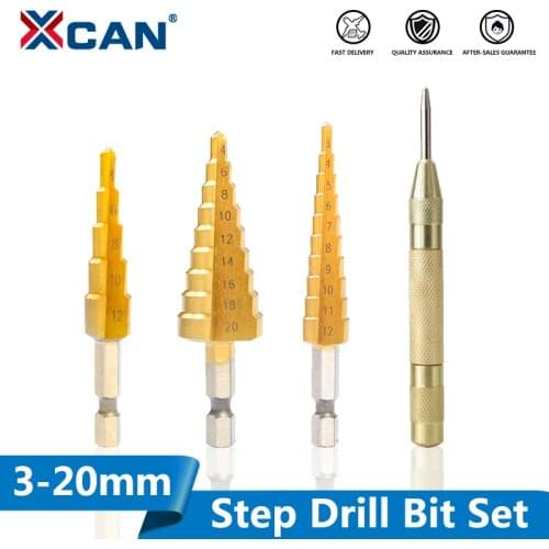 XCAN HSS Step Cone Drill Bit 3-12/4-12/4-20mm Hole Cutter Titanium Coated Wood Metal Stepped Drill Straight Hole Drill Bit
