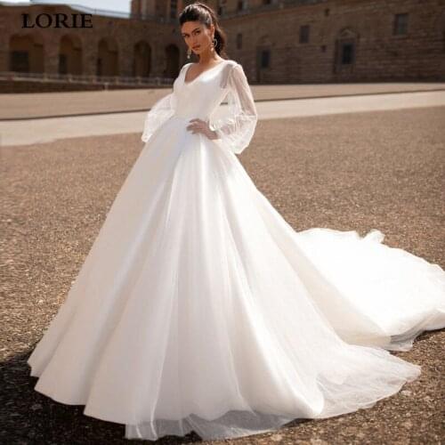 LORIE A Line Wedding Dresses 2020 2 Pieces Long Pull Sleeve V-neck Princess Bridal Gowns Soft Satin Backless Vestido de noiva