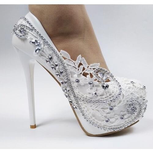 Super High Heel White Flower Wedding shoes Bride Ladies high platform shoes woman Fashion Round Toe Party Dress shoes