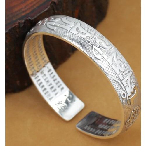 Vintage 999 Silver Tibetan OM Mani Padme Hum Cuff Bracelet Thai Silver OM Mantra Bangle Pure Silver Bangle