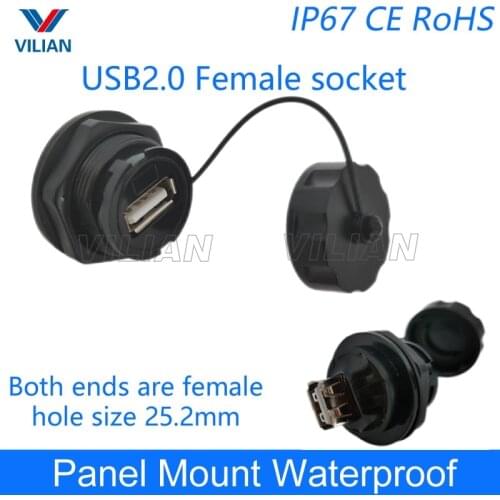 USB female socket plug Panel Mount adapter USB 2.0 3.0 Waterproof Connector IP67 extension cord connector With cap
