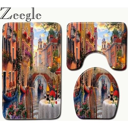 Zeegle 3D Scenic Memory Foam Bath Mat Set Non-slip Toilet Bath Mats Bathroom Toilet Rugs Home Decor Shower Mat