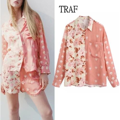 TRAF Za Women Blouse Top 2021 Autumn Print Long Sleeve Shirt Plus Size Women Clothing Vintage Buttons Top Female Shirt Pocket