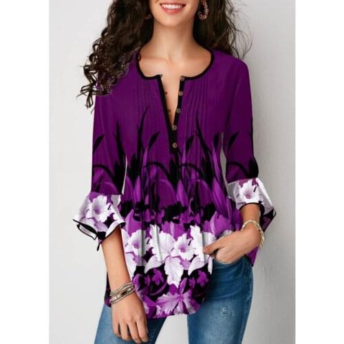 New Womens 3 / 4 Sleeve 2021 Summer Cotton V-neck Shirt Printed Lotus Sleeve T-shirt Oversized S-5xl Top T-shirt Female