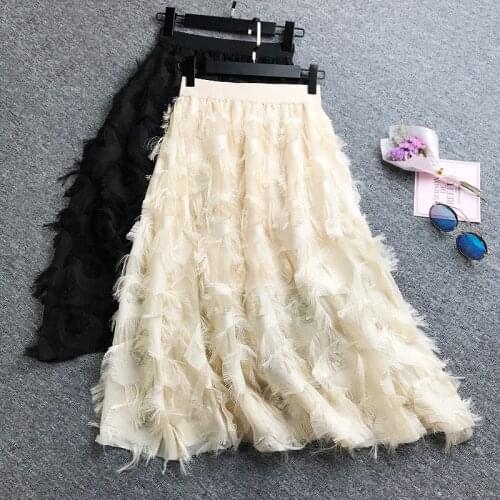 Women High Waist Skirts Free Size Feather Print Chiffon Skirt Women Casual Mid-calf Solid A-line Tassels Midi Tweed Skirts 2020