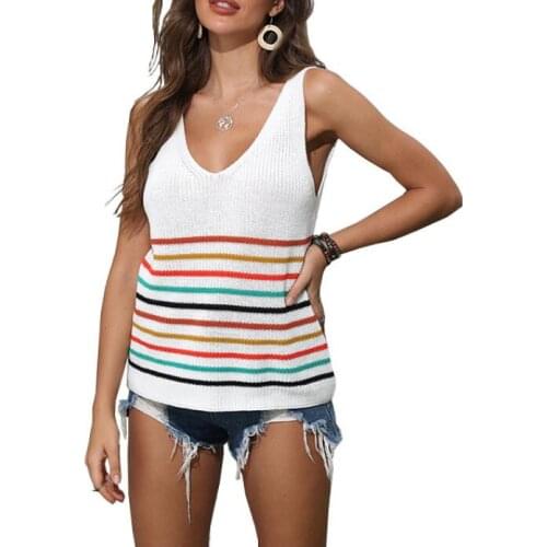 Knitted Sleeveless V Neck Multicolour Striped Tank Tops Women Casual Summer Top Woman Beach Wear