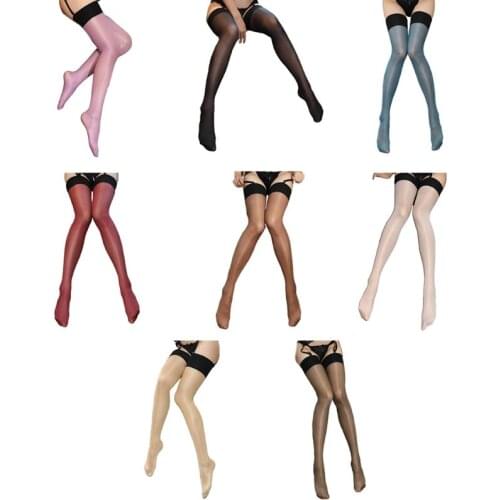 Womens Sexy Contrast Color Shiny Oil Thigh High Stockings 30D Nylon Pantyhose