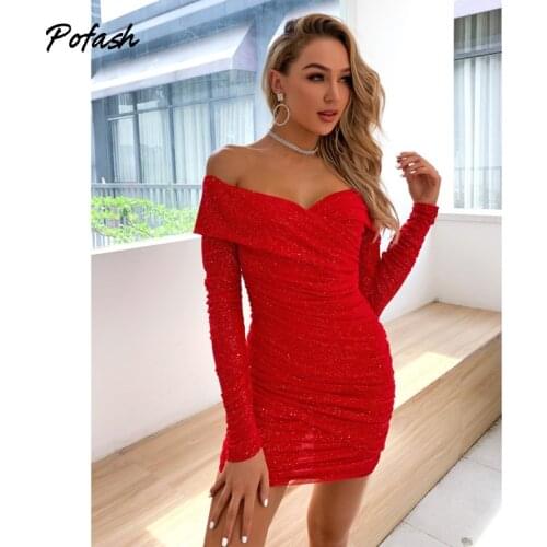 Pofash Off Shoulder Glitter Party Dresses Women Solid Ruched Long Sleeves Bodycon Autumn Dress 2020 Slim Club Sexy Mini Dresses