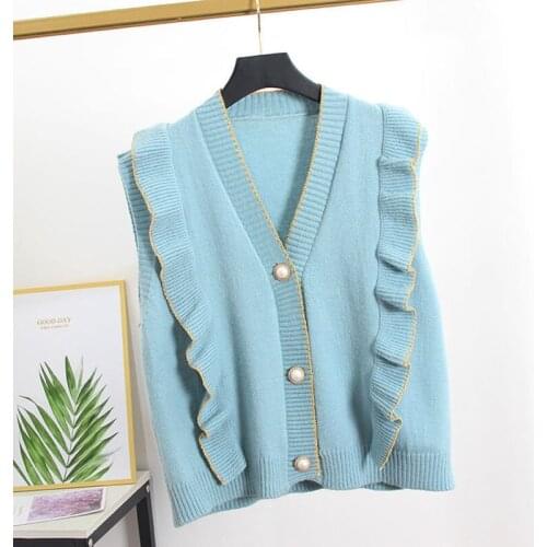 Womens Vest Vest Knit Sweater Spring And Autumn New Korean Youth Loose V-Neck Ruffle Sweater Waistcoat Western Style Outer Wear