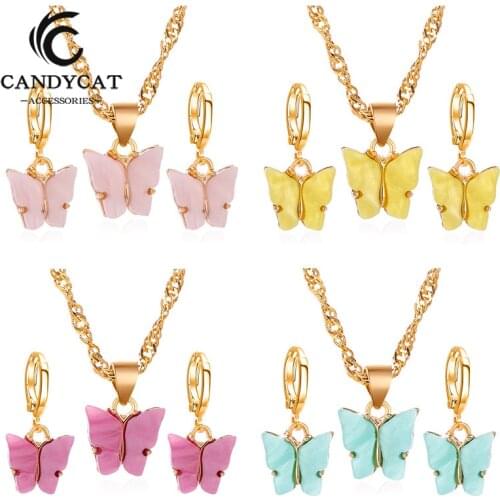 2PCS Butterfly Womens Earrings Necklace Trendy Acrylic Butterfly Earrings Animal Sweet Colorful Earrings Girls Jewelry 2020