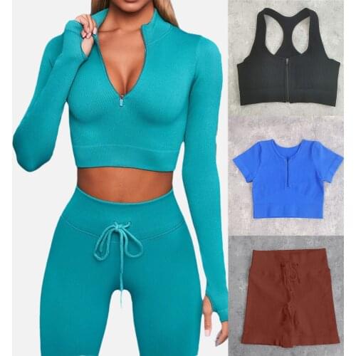 2022 Workout Clothes Women Seamless Gym Clothing Zipper Long Sleeve Crop Top Yoga Shirt Drawstring Fitness Leggings Sportswear