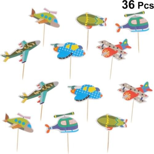 36pcs Cartoon Airplane Cake Toppers Creative Cake Picks Dessert Toppers For Birthday Cartoon Child Airplane Cake Decoration Card