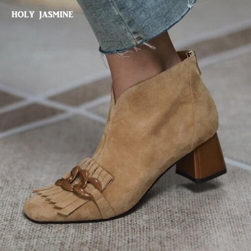 2021 Autumn Ladies Sheep Suede Fringe Ankle Boots Zip Chunky High Heel Square Toe Chain Tassel Boots Fashion Women Modern Boots