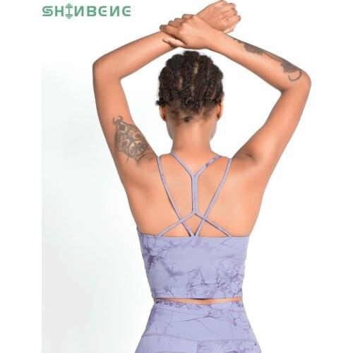 SHINBENE TIE DYE Strappy Workout Fitness Gym Bras Women Naked Feel Padded Yoga Training Sports Bras Top Athletic Brassiere S-XL