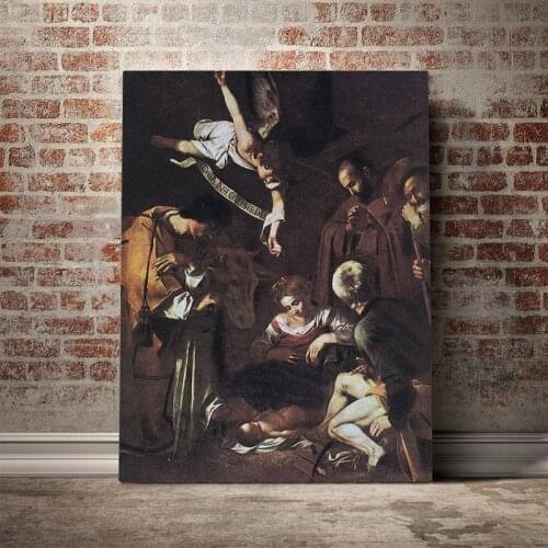 Nativity with Saints Francis and Lawrence Caravaggio Framed Wooden Frame Canvas poster Painting wall Art decor Decoration Prints