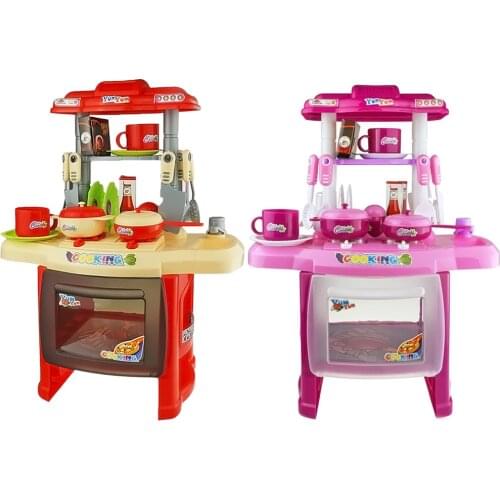 Kids Children Red Pink DIY Pretend Play Kitchen Food Cooking Toy Play Set With Light Sound Effect Cookware Set Cocina De Juguete