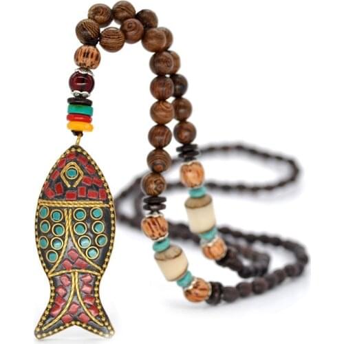 Handmade Ethnic Long Necklace Buddhist Mala Wooden Beads Pendant Stone Necklaces Fish Statement Jewelry Men Kettingen Vrouwen