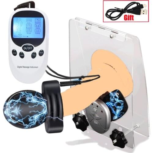 Electro Shock Glans Trainer Penis Stimulator Men Bdsm Torture Plastic Cock Cage Ball Crusher Testicle Ring Strong E-stim Sex Toy