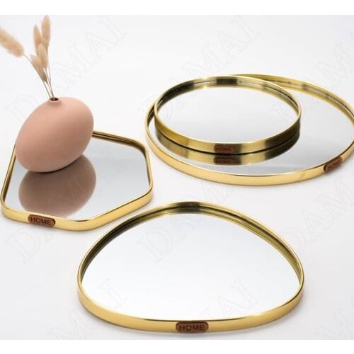 European Glass Mirror Storage Trays Gilded Metal Jewelry Organizer Living Room Desktop Aromatherapy Tray Home Decoration Modern