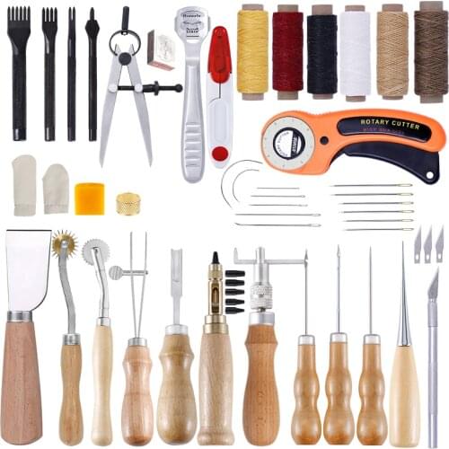 KAOBUY 53PCS Leather Working Tool Kit Leather Scratch Cutting Knife, Prong Punch,Awls,Sewing Wax Threads And Needles