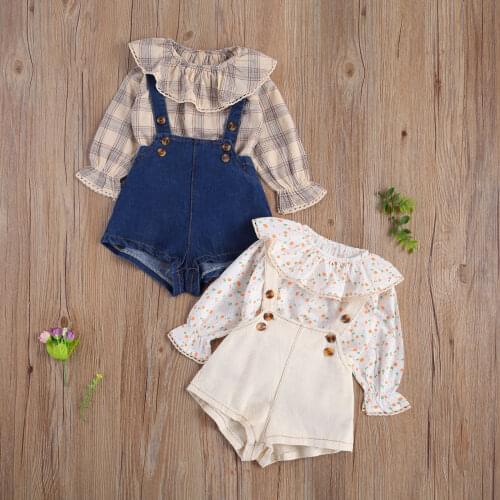 2Pcs Cute Newborn Baby Girls Casual Outfits Baby Long Sleeve Ruffle Collar Plaid Pullover Tops+Short Suspender Pants Clothes