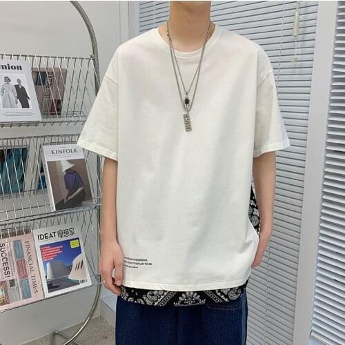 Korean Harajuku Gothic Punk Clothes Spring Tshirt Men T Shirt Plus Size Short-sleeved T-shirt Cashew Flower Stitching Loose Top