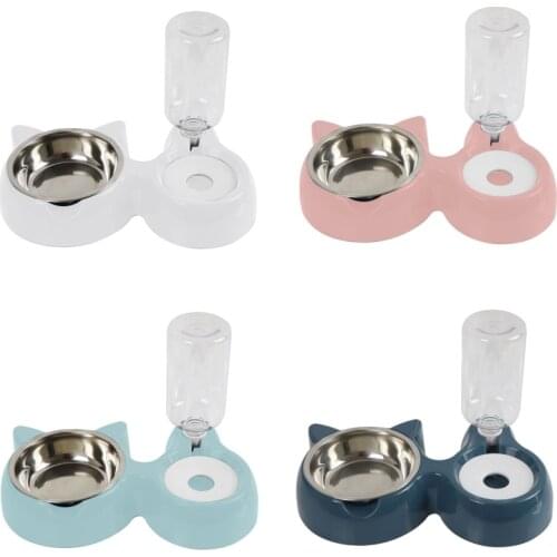 Dog Cat Food Double Bowls Auto Water Dispenser Bottle Drinking Raised Stand Dishes Kitten Puppy Pet Feeder