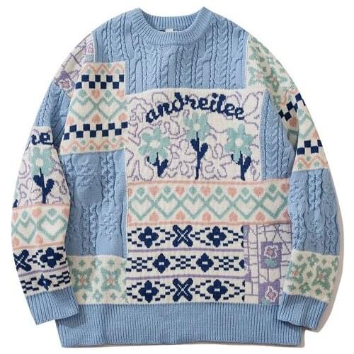 Mens Sweater Vintage National Style O-neck Pullovers Autumn Blue Casual Couple Sweater Lazy Knit Loose Street Men Pullovers Top