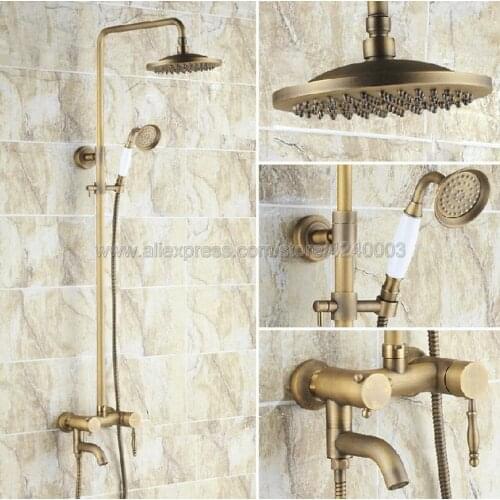 Antique Brass Shower Faucets Set Brass Rainfall Shower Mixer Tap Swivel Tub Spout Bathroom Shower Faucet Krs151