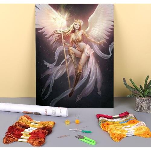 Black Angel Beauty Printed Water-Soluble Canvas 11CT Cross-Stitch Set DIY Embroidery DMC Threads Knitting Hobby Craft