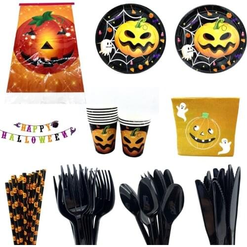 Halloween Pumpkin Theme Disposable Dinnerware Set Ghost Spiderweb Paper Plate Cup Napkins Tablecloth Banner Spoons Forks Knives