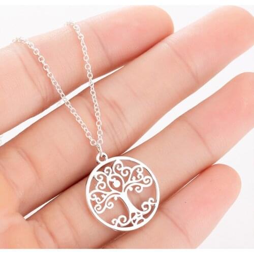 Round Tree Of Life Necklaces Stainless Steel Round Pendant Necklace For Women Men Gift Hollow Tree Charm Collar Dropshipping