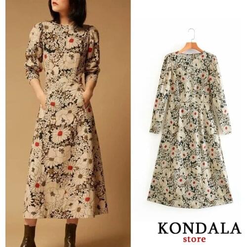 KONDALA Za 2020 Women Dress Vintage Floral Print Long Sleeve Dresses Female A-Line Fashion Mid-Calf Vestidos Mujer