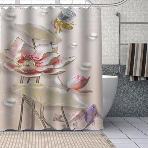 Custom High Quality 3D Lotus Art Pattern Shower Curtain Waterproof Bathroom Polyester Fabric Bathroom Curtain With Hooks