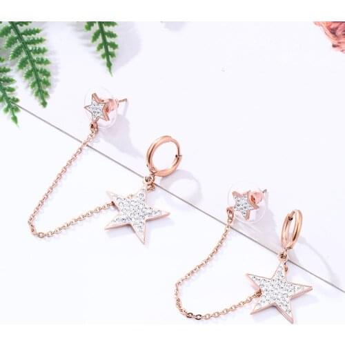Exaggeration Crystal Star Hoop Earrings for Women Stainless Steel Tassel Chain Stud Earring Clip Rose Gold Jewelry 2021 New Gift