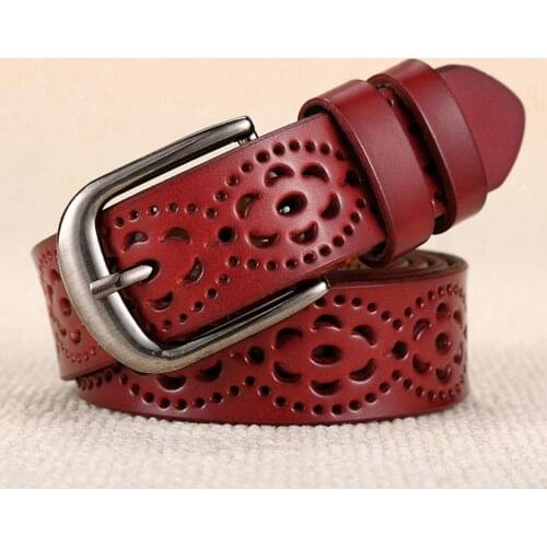 Women Fashion Wide Genuine Leather Belt Floral Carved Cow Skin Belts for Jeans Top Quality Female Straps Vintage Ceinture Femme