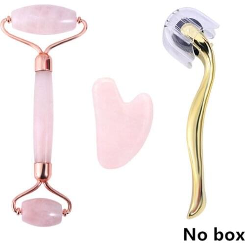 Rose Quartz Jade Roller Facial Massager Face-lift Natural Wrinkle Removal Micro-needle Roller Jade Spatula Skin Care Set Box