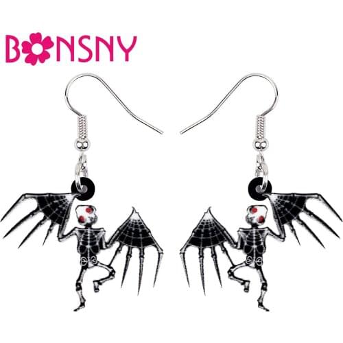 BONSNY Halloween Acrylic Black Skeleton Skull Demon Bat Earrings Fashion Drop Dangle Magic Novelty Jewelry For Women Girls Teens