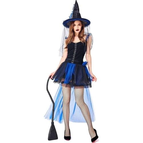 Sexy Black Blue Witch Fancy Dress Carnival Halloween Cosplay Costumes Vampire Queen Fantasia Dress Costume For Adult Women