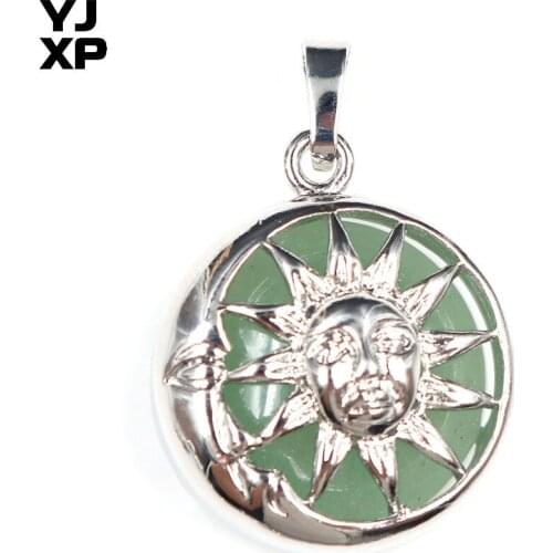 YJXP Classic Style Silver Plated Round Sun Locket Natural Green Aventurine Pendant Fashion Jewelry