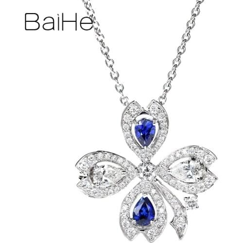 BAIHE Solid 14K White Gold Pear Cut 0.30ct Natural Sapphirs Women Trendy Fine Jewelry Beautiful flower diamond Pendant brooch