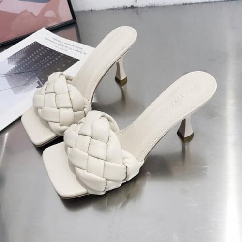 2021 Summer Women Slippers 6CM High Heels Slides Leather Weave Mules Platform Slippers Lady Luxury Designer Pumps Womens Shoes