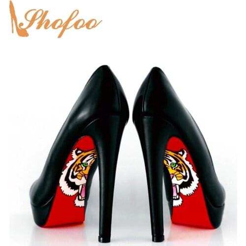 Red Bottom Black Platform Stilettos High Heels Women Pumps Round Toe Slip On Large Size 14 15 Ladies Spring Mature Shoes Shofoo
