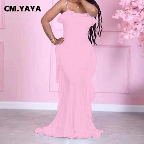 CM.YAYA Women Long Dress Solid Spaghetti Strap Ruffle Sheath Elastic Trumpet Dresses Office Lady High Street Elegant Outfit 2021