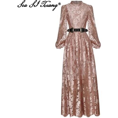 Seasixiang Fashion Designer Autumn Mesh Dress Women Stand Collar Lantern Sleeve Sashes Floral Embroidery Vintage Maxi Dresses