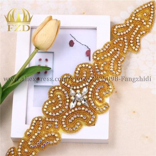 30pieces) Wholesale Handmade Hot Fix AB and Clear Rhinestones Gold Iron Sew On Bling Applique for Headbands Dresses Garters