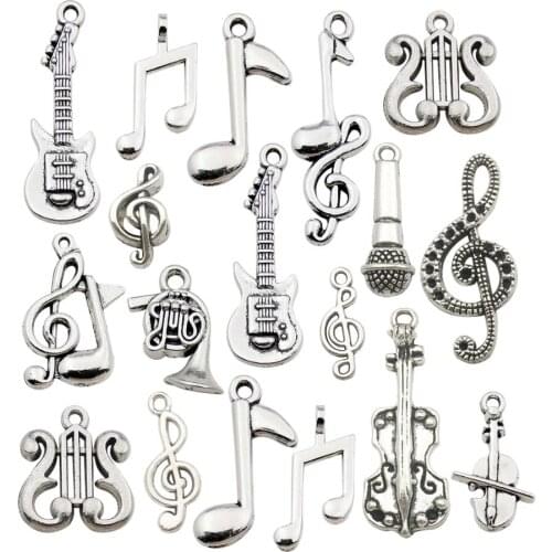 70pcs Mixed Smooth Tibetan Silver Metal Instrument Music Notes Charms Pendants for DIY Necklace Bracelet Jewelry Making