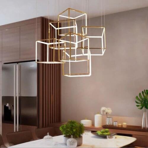 D20/30/40/50cm Modern Gold Cubic Pendant Light LED Stainless Steel Gold Acrylic Square Retro Luminaires Hang Light Fixtures
