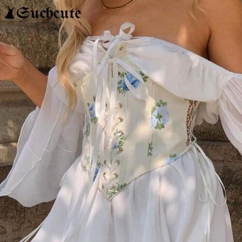 SUCHCUTE Elegant Floral Print Lace Up Corset Top For Women Sexy Hollow Out Bandage Cummerbunds Belt y2k Aesthetic Bustier Tops