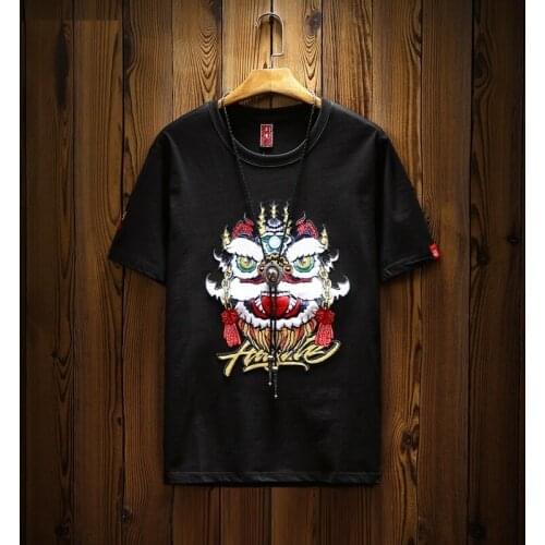 Summer Fashion Peking Opera Graphic Print T Shirt Tops O-Neck Letter Short Sleeve Loose Cotton Asian Streetwear Tshirt ZZ537